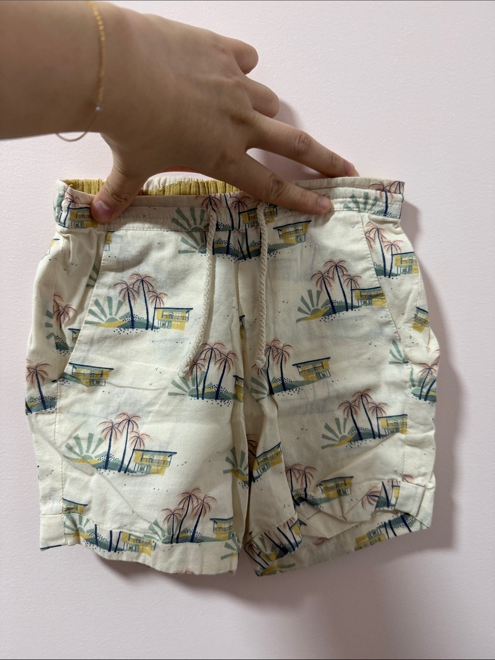Kids Cream Tropical Palm Print Shorts with Elastic Waist